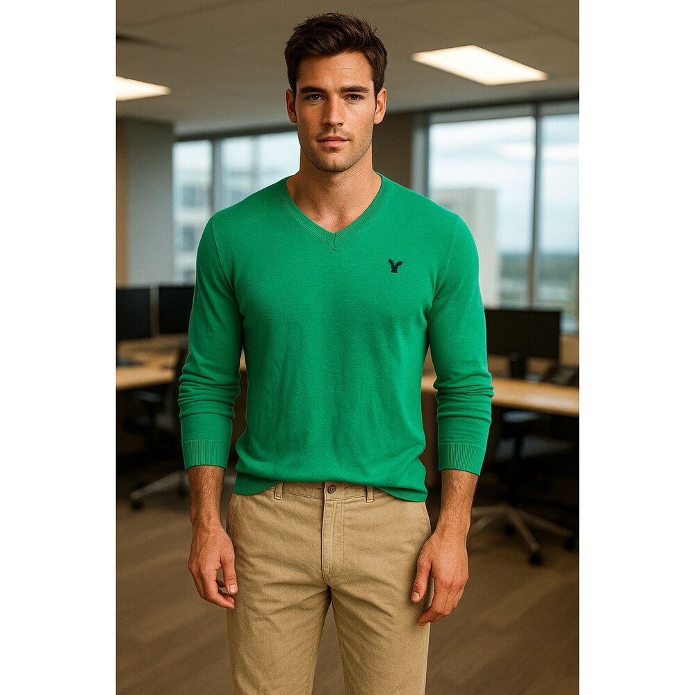 AMERICAN EAGLE MENS XL GREEN LONG SLEEVE V-NECK SWEATER BLUE EAGLE